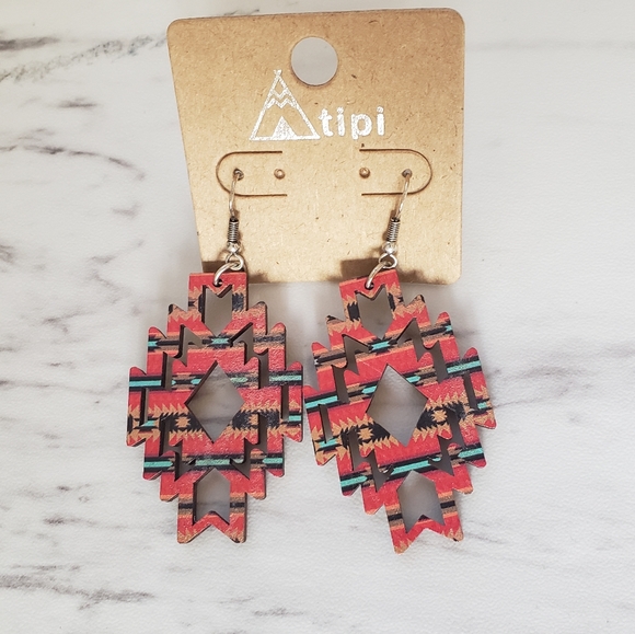 Desert Flame Southwestern Diamond Wood Earrings - Picture 4 of 7